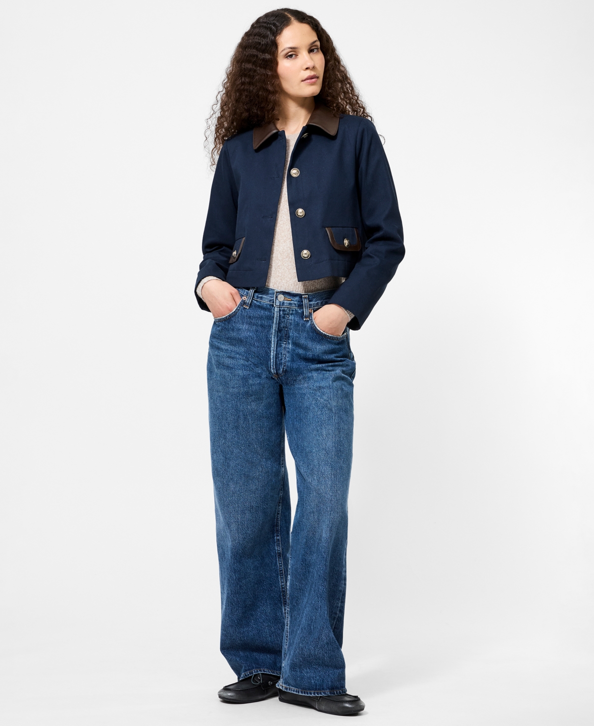 French Connection Denim Jacket With Faux Leather Trim In Blue