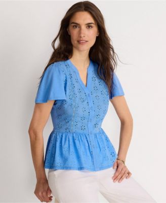 Women's Short Sleeve Mixed Media Eyelet Top