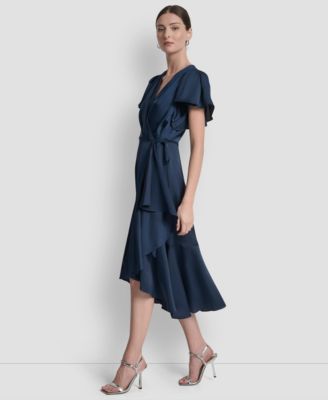 Women's Short Sleeve Faux Wrap Midi Dress
