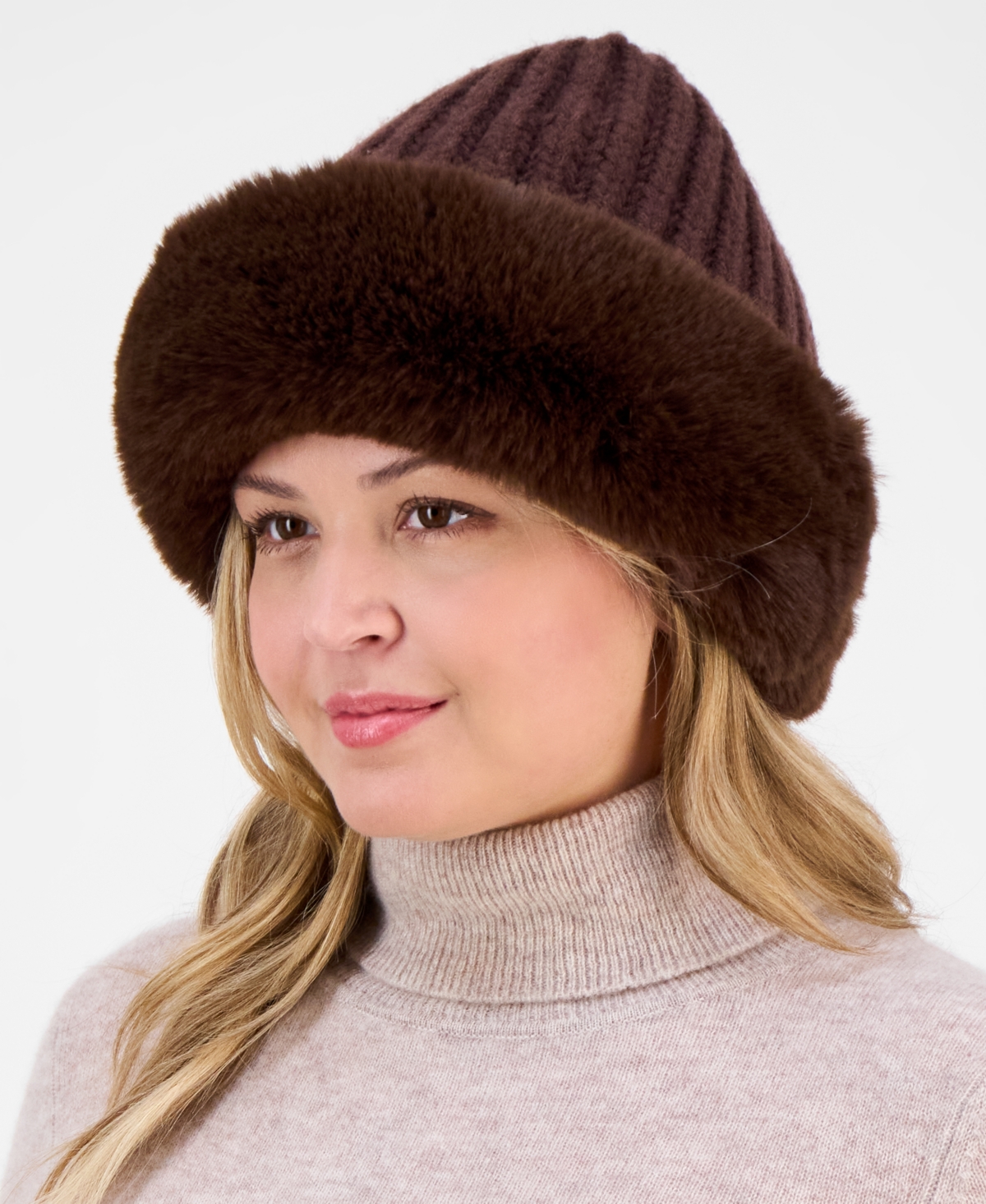 Inc International Concepts Faux Fur Trim Knit Hat, Macy's Exclusive In Brown