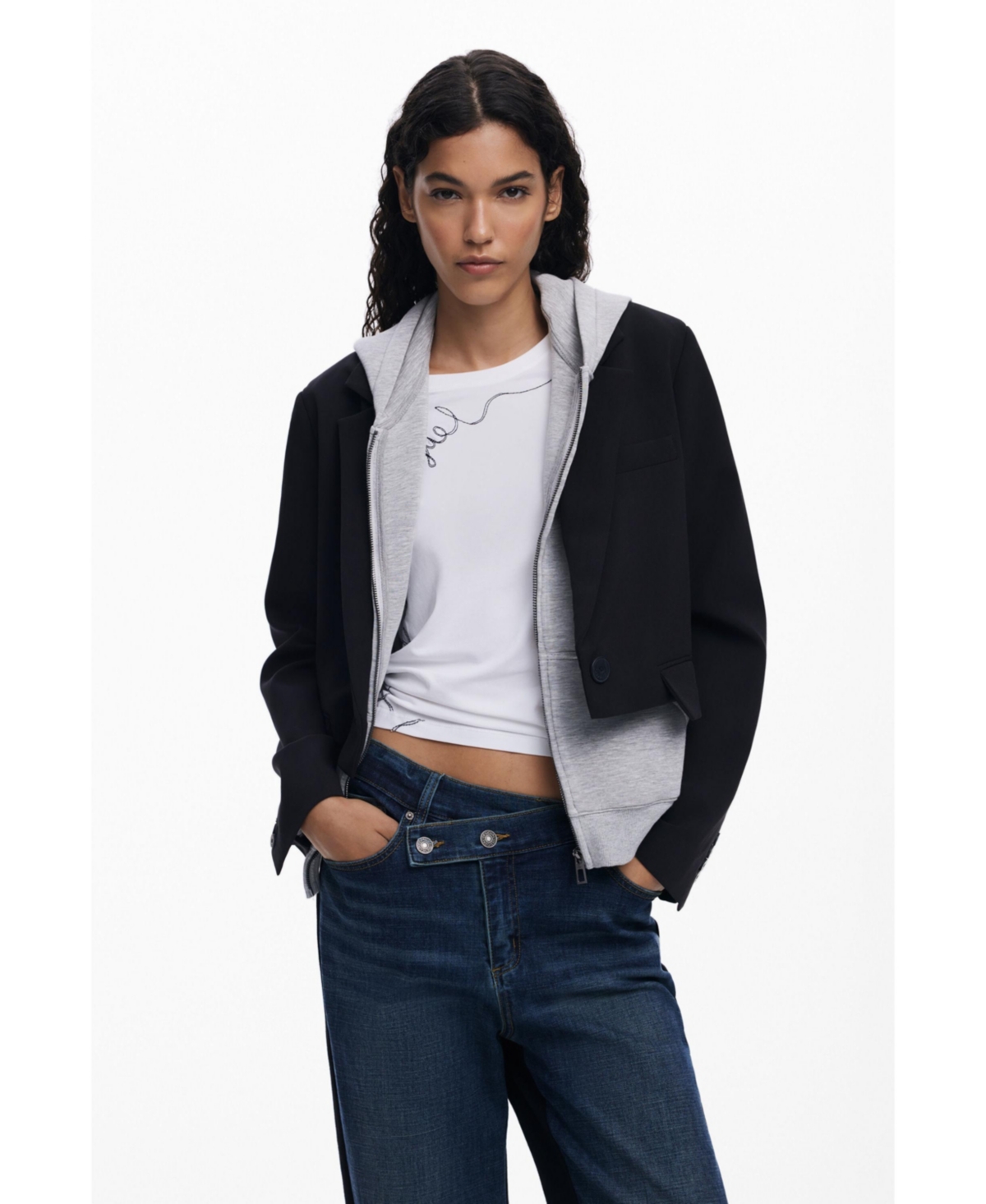 Desigual Crossover Waist Wide Leg Jeans In Blue