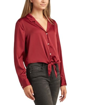 Juniors Long-Sleeve Tie-Hem Long-Sleeve  Satin Top