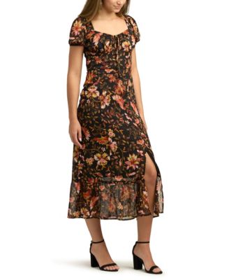 Juniors' Sweetheart-Neck Print Puff-Sleeve Dress