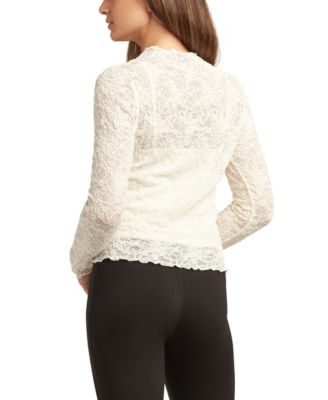 Juniors Patchwork Mock-Neck Long-Sleeve Lace Top