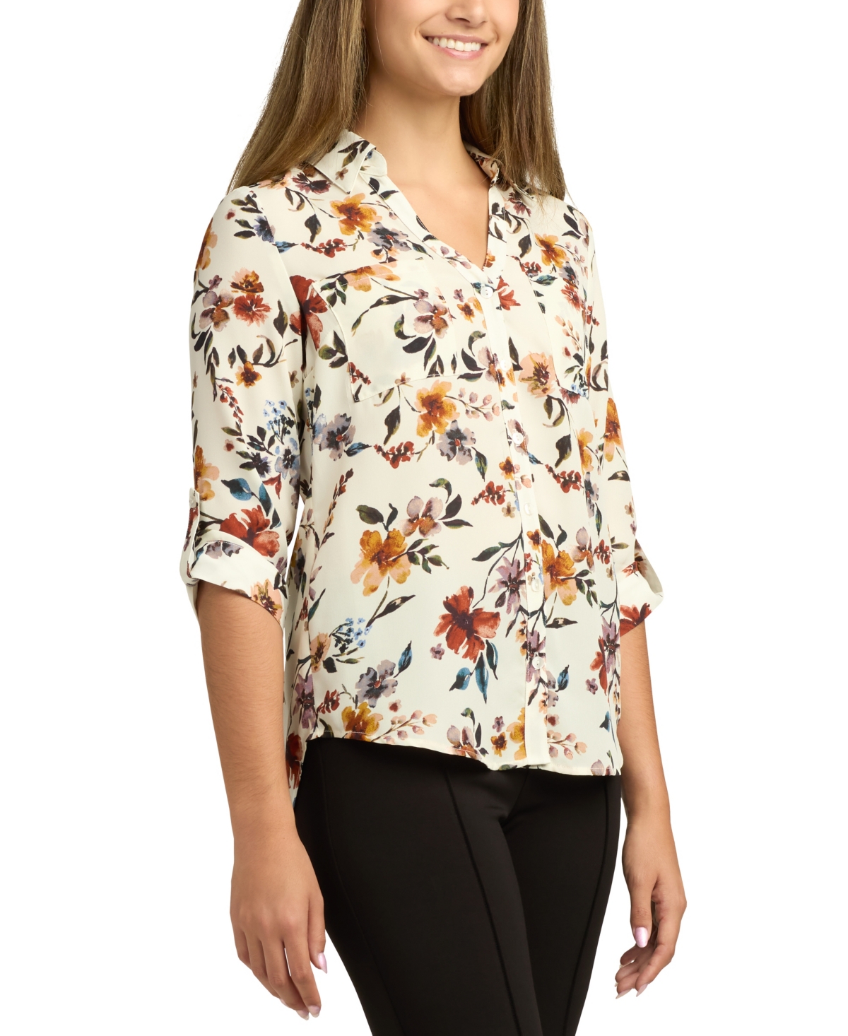 Bcx Juniors Printed Dobby-collar 3/4-sleeve Top In Multi