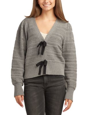 Juniors V-Neck Bow-Trim Long-Sleeve Cardigan