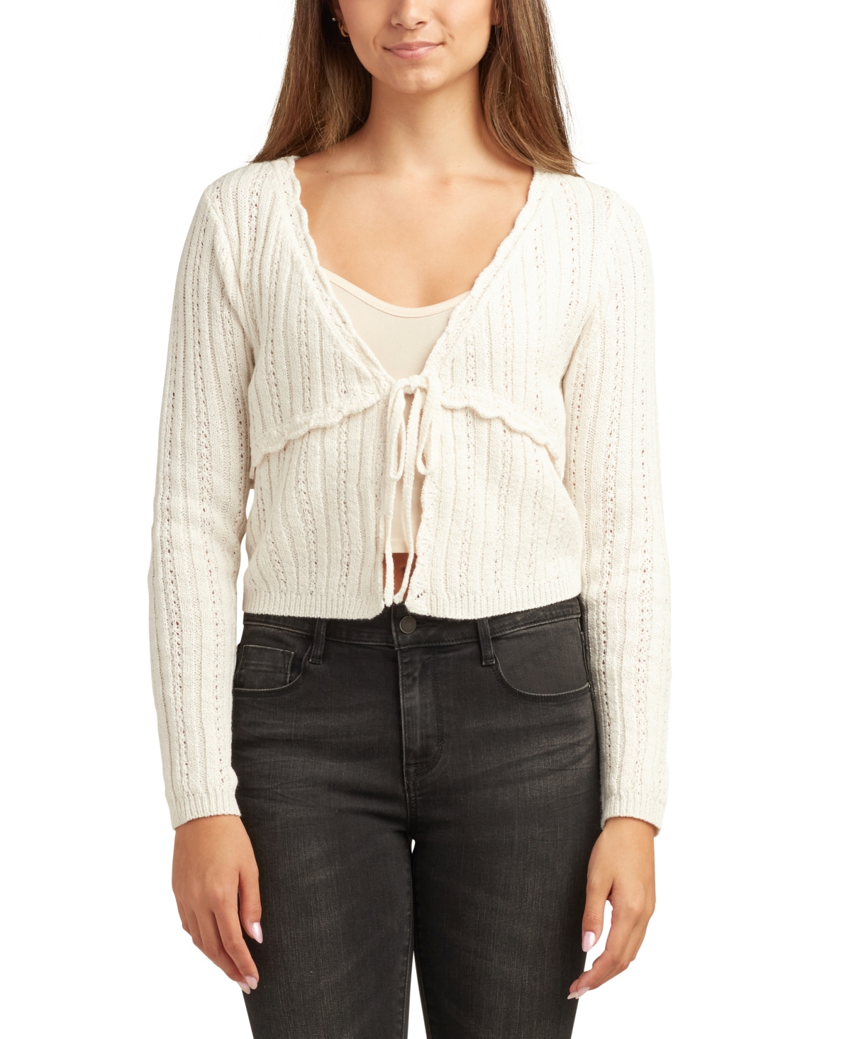Bcx Juniors Tie-front Long-sleeve Cardigan Sweater In White