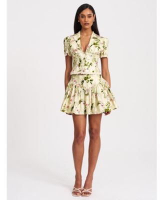 Women Zanella Green Floral Print Lace Trim Linen Top