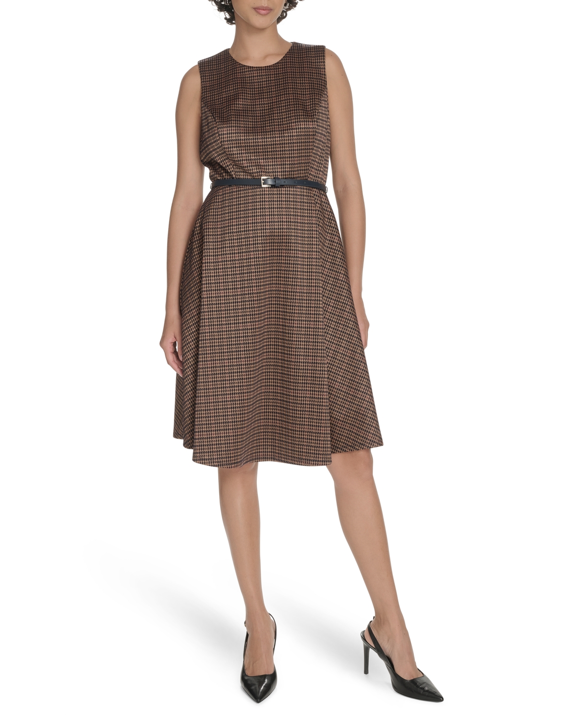 Tommy Hilfiger Houndstooth Sleeveless Belted Fit & Flare Dress In Brown