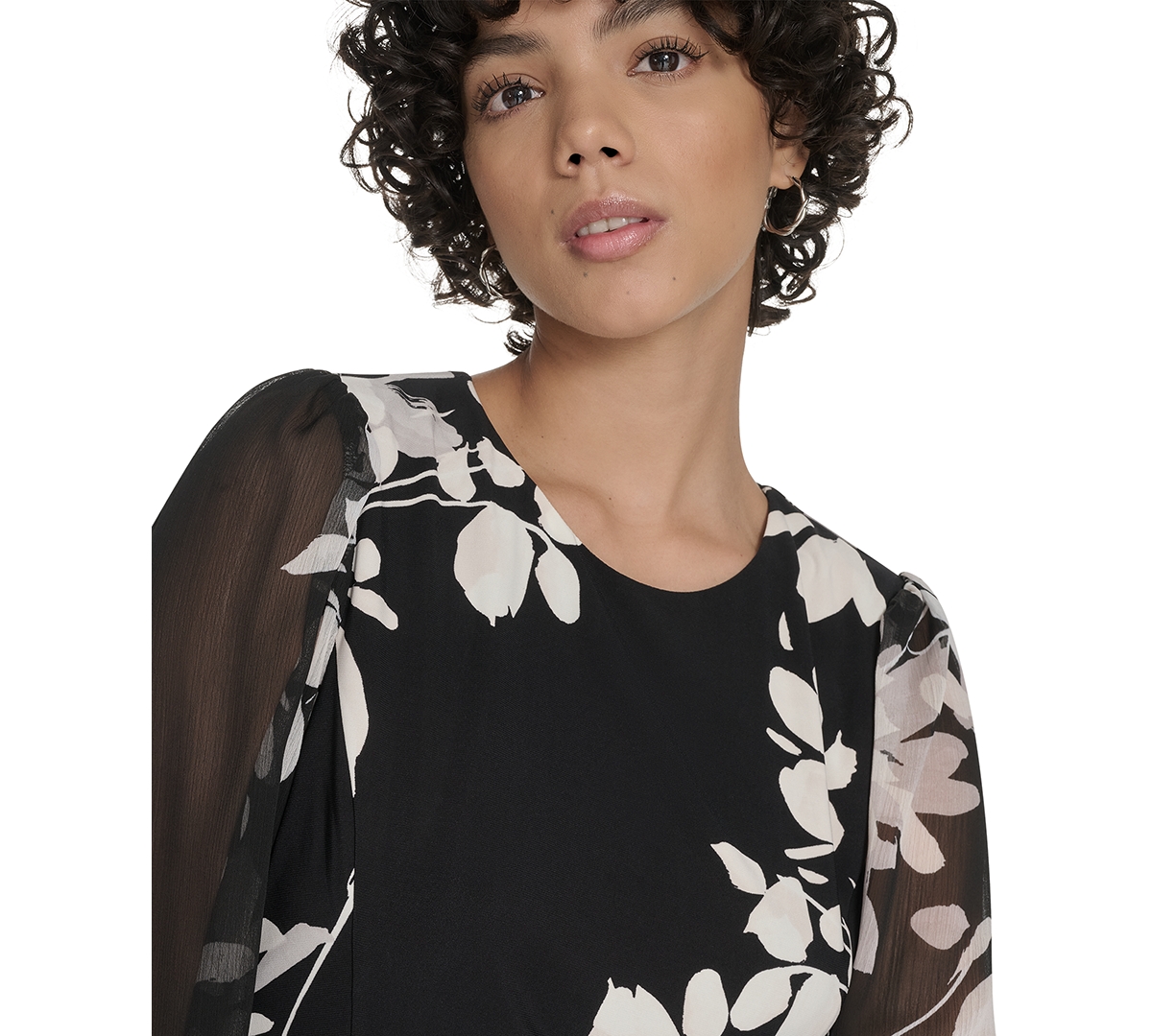 Tommy Hilfiger Floral Long Sleeve Ruffle Mixed Media Midi Dress In Multi