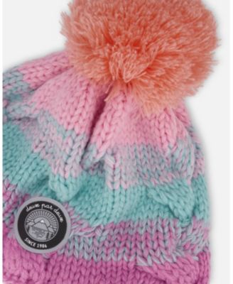 Baby Girl Lined Peruvian Knit Pompom Hat Pink, Orange and Turquoise - Baby