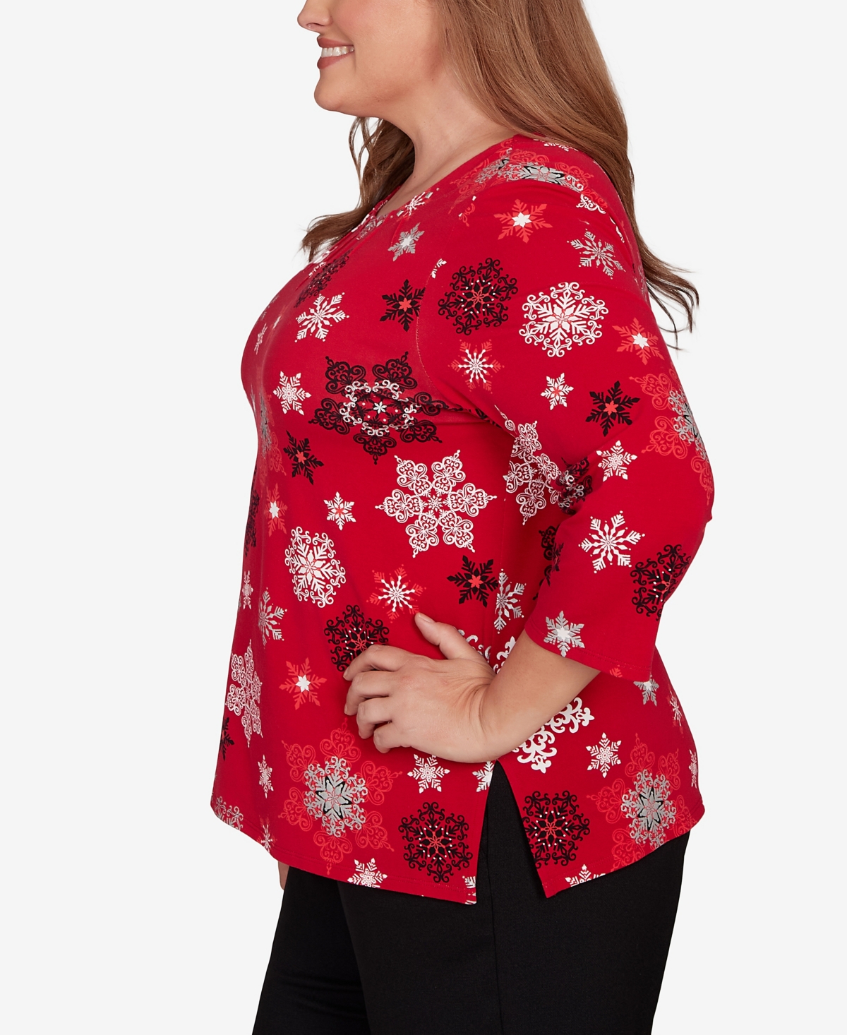 Alfred Dunner Plus Size Classic Embellished Snowflake Pleated Neck Top In Red