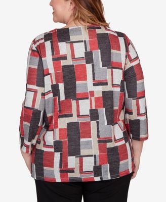 Plus Size Classic Colorblock Split Beaded Neck Top