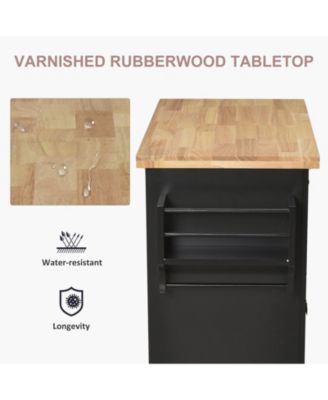 Black Kitchen Island: Cart with Varnished Rubberwood Top and Casters