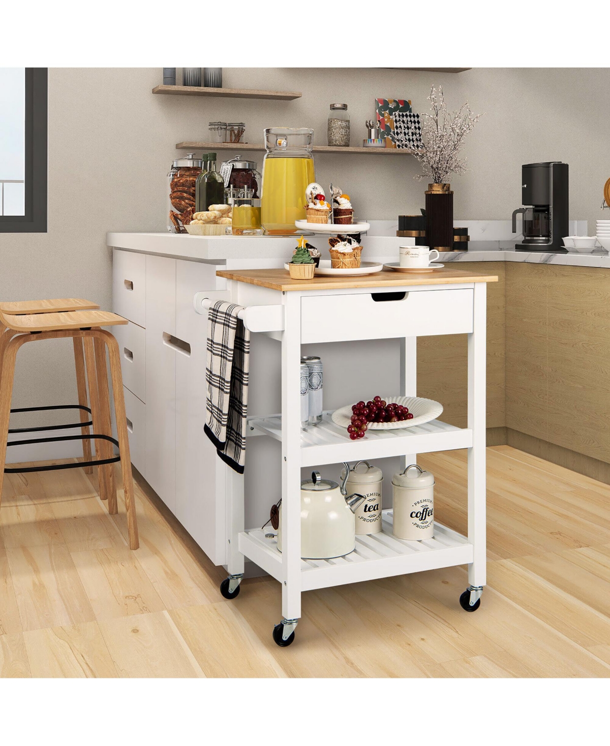 Gymax 3-Tier Kitchen Island Cart Rolling Service Trolley w/ Bamboo Top Shelves