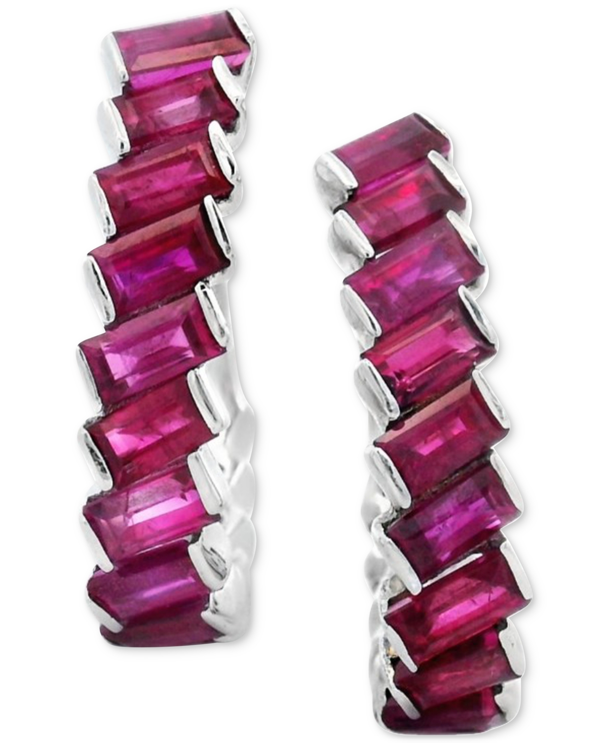 Macy's Ruby Baguette Small Hoop Earrings (3-7/8 Ct. T.w.) In Sterling Silver, 0.47" In Red