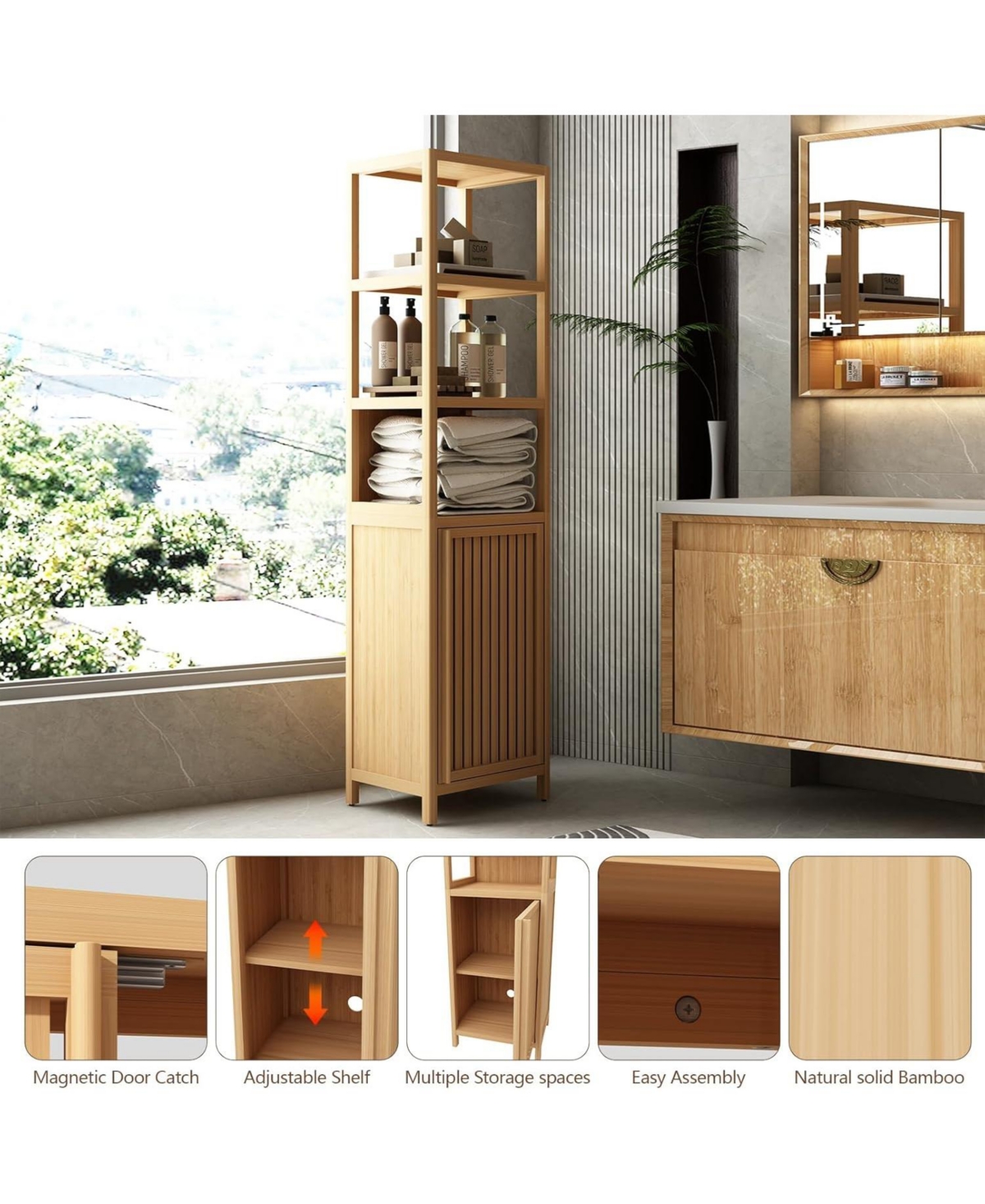 Vanirro Natural Bamboo Tall Bathroom Floor Cabinet – 64.7" H Freestanding Linen Tower with 1 Cupboard & 3 Open Shelves, Storage Organizer for Bathroom