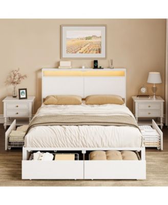 Modern Queen Size Bed Frame with 4 Storage Drawers & LED Headboard & Charging Station