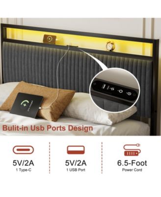 Upholstered Queen Bed Frame with 2 Storage Drawers, LED Headboard, USB Ports, Dark Gray