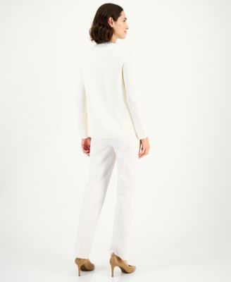 Anne Klein Womens Rhinestone Trim Cardigan Sleeveless Knit Top Bootcut Suit Pants In White