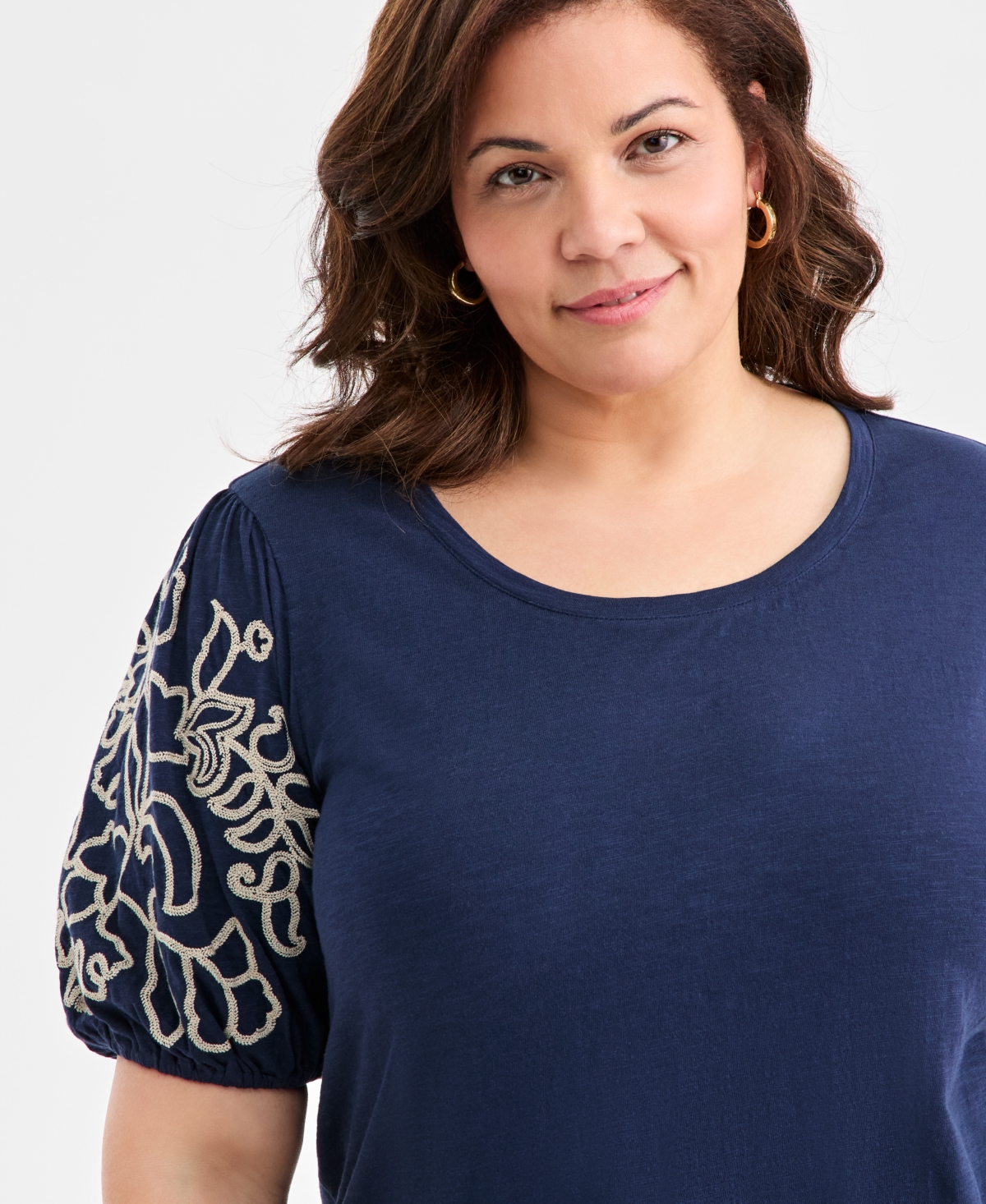 Style & Co Plus Size Cotton Embroidered-sleeve Top, Macy's Exclusive In Blue
