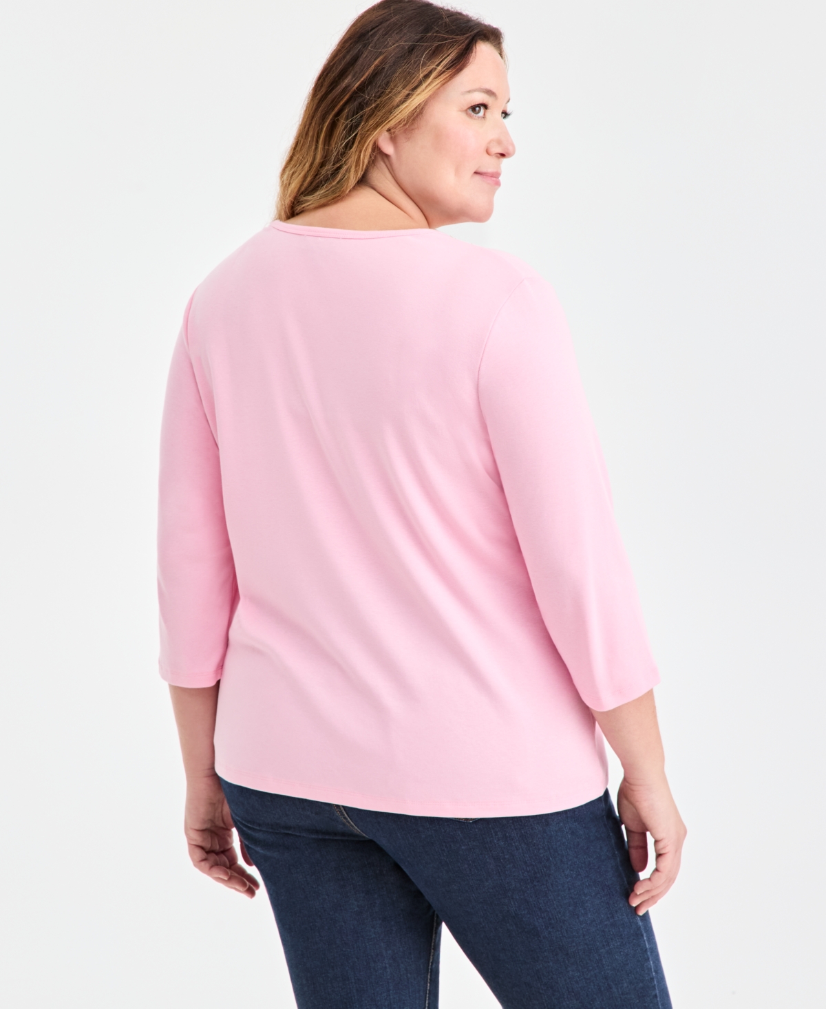 Style & Co Plus Size Cotton V-neck 3/4-sleeve Top, Exclusively At Macy's In Pink