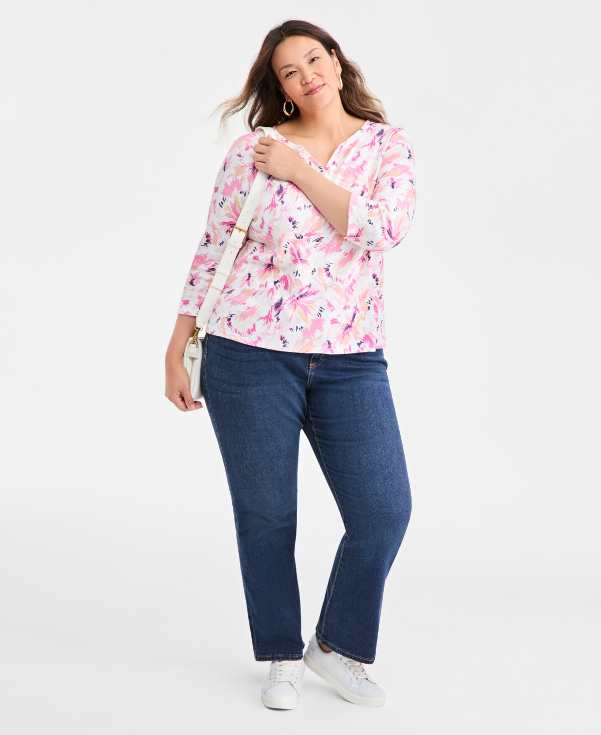 Style & Co Plus Printed Henley 3/4-Sleeve Top, Macy's Exclusive