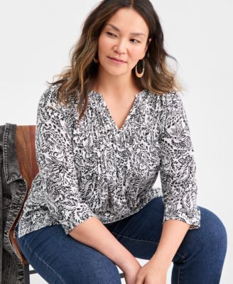 Plus Size Pintuck Split-Neck Top