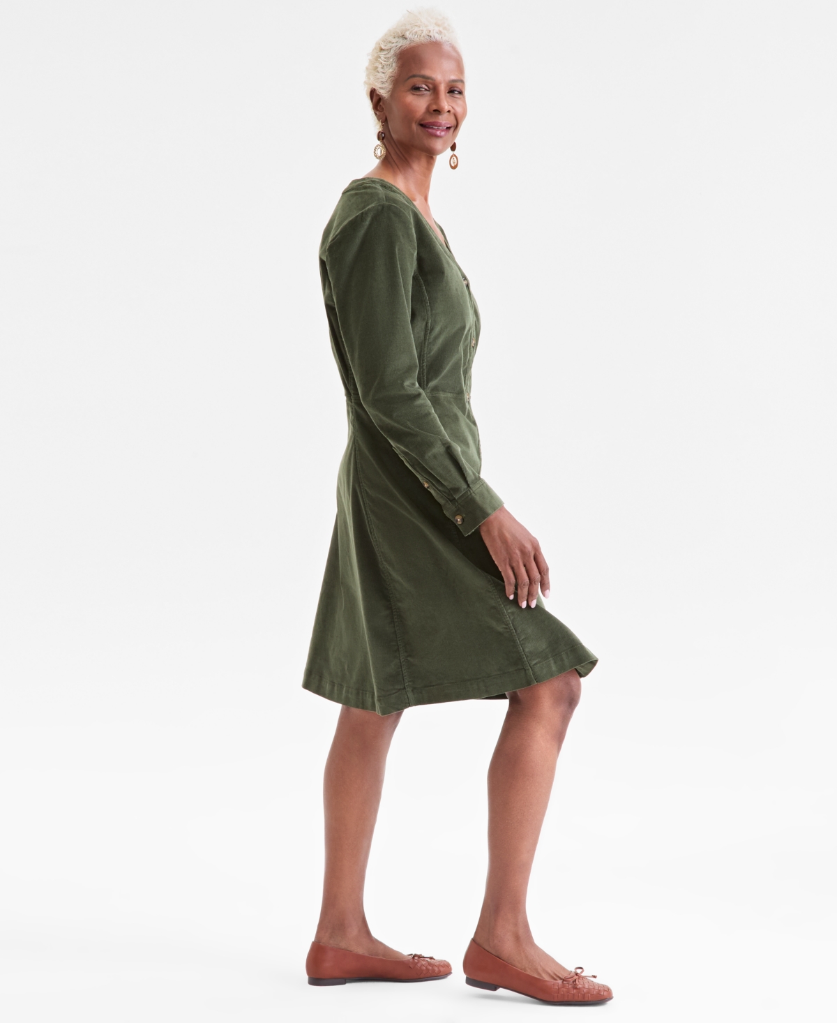 Style & Co Women's Corduroy Button-front V-neck Dress, Macy's Exclusive In Green