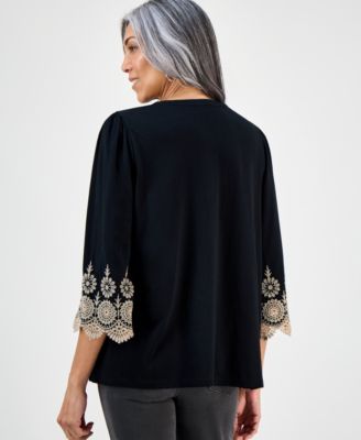 Petite Embroidered-Sleeve Top, Macy's Exclusive