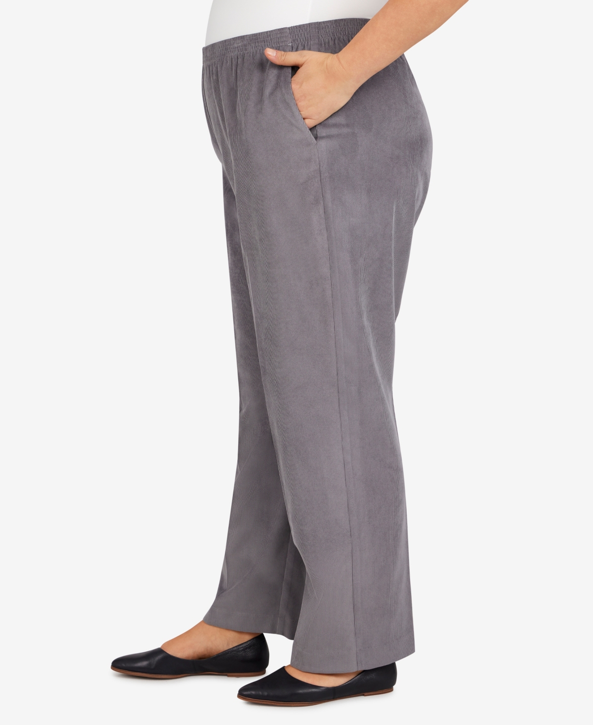 Alfred Dunner Plus Size Classic Corduroy Elastic Waist Medium Length Pants In Gray