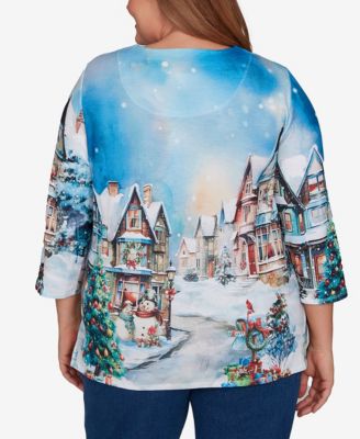 Plus Size Classic Embellished Snow Cabin Village Scene Crew Neck Top