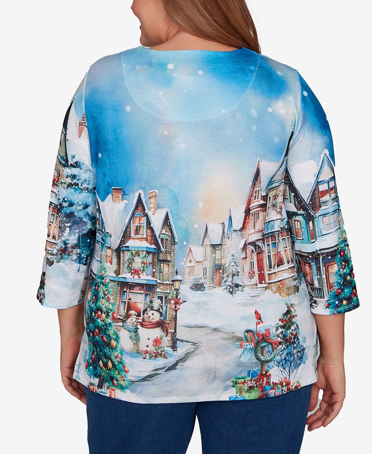 Alfred Dunner Plus Size Classic Embellished Snow Cabin Village Scene Crew Neck Top In Blue