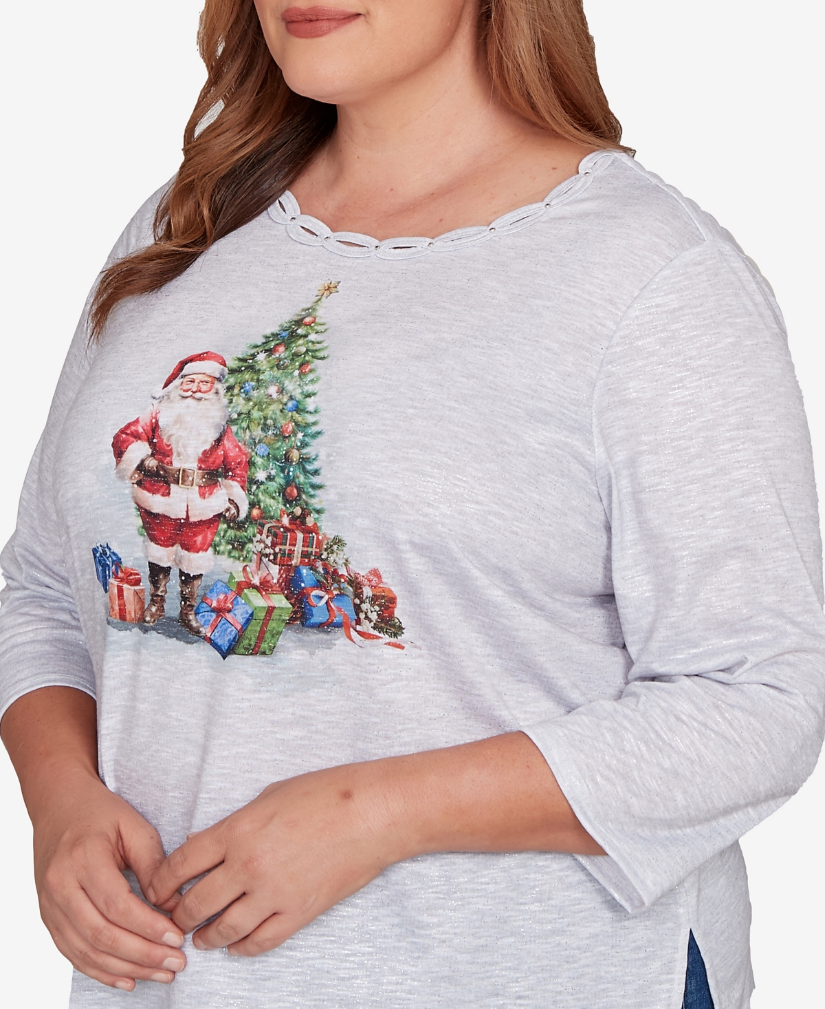 Alfred Dunner Plus Classic Santa and Tree Print Crew Neck Top
