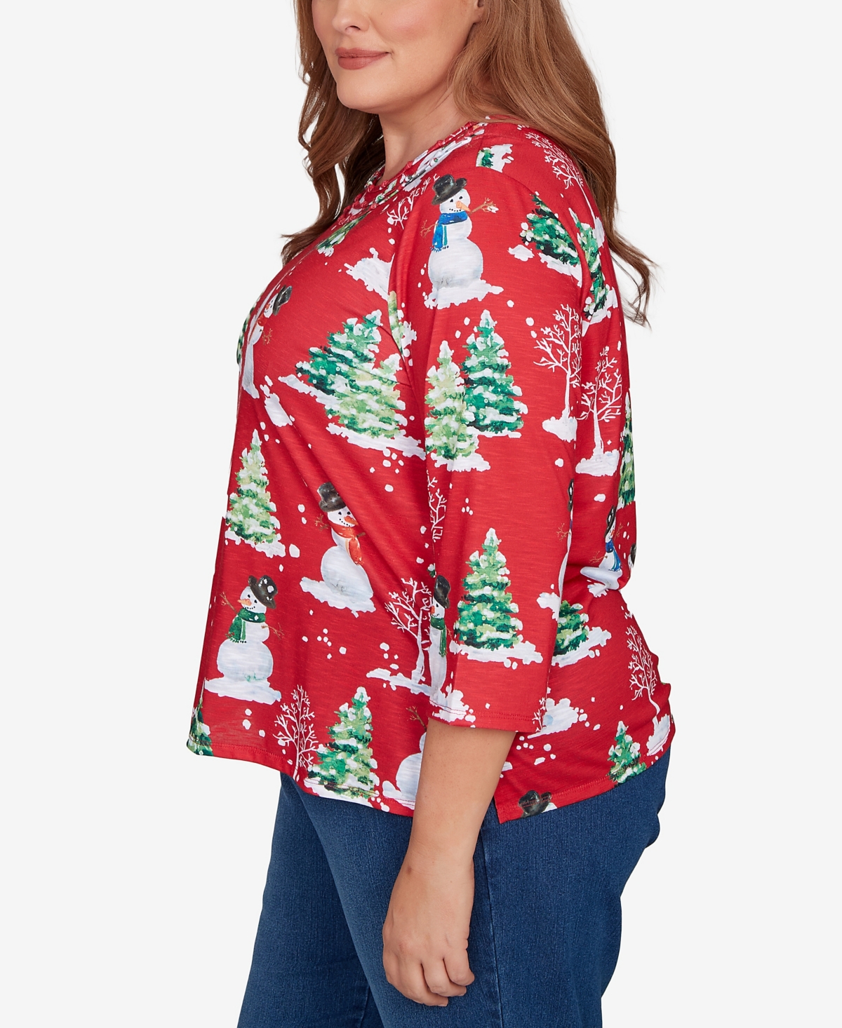 Alfred Dunner Plus Size Classic Snowmen Printed Crew Neck Top In Red