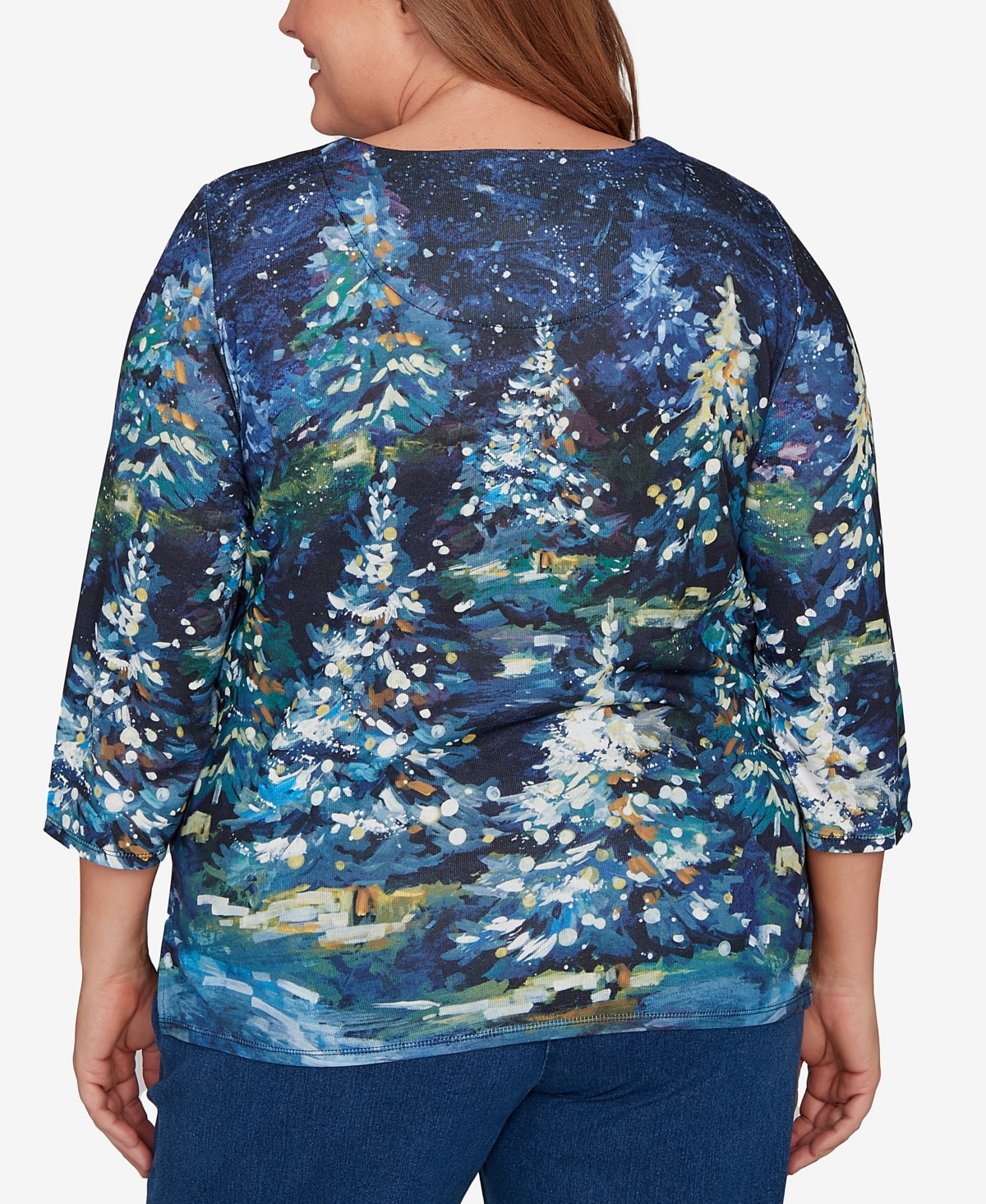 Alfred Dunner Plus Size Classic Starry Night Holiday Tree Crew Neck Top In Blue