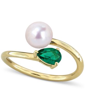 Macy's - Cultured Freshwater Pearl & Lab-Created Emerald Ring (3/8 ct. t.w.) in 18k Gold-Plated Sterling Silver