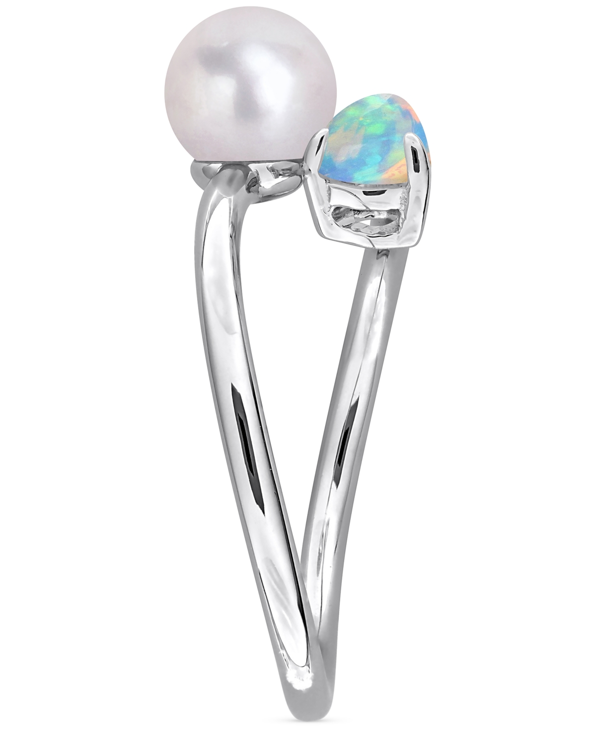 Macy's Cultured Freshwater Pearl (6mm) & Opal (3/8 Ct. T.w.) Bypass Ring In Sterling Silver In Multi