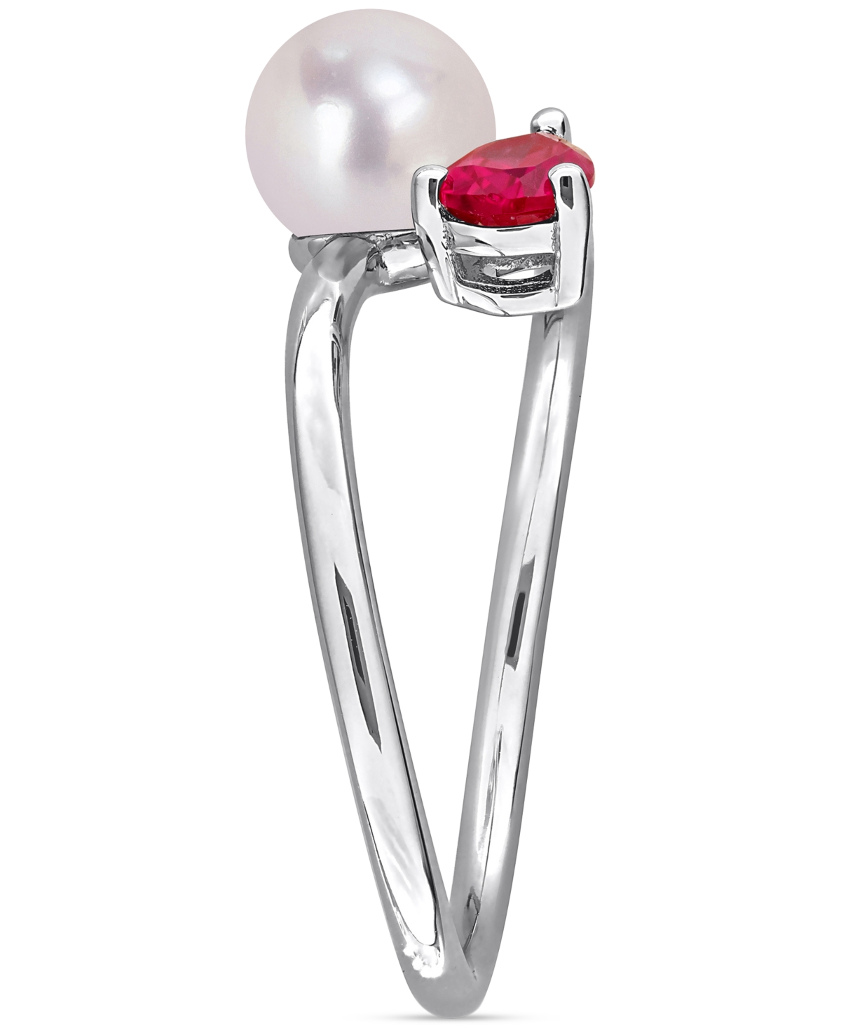 Macy's Cultured Freshwater Pearl (6mm) & Lab Grown Ruby (5/8 Ct. T.w.) Bypass Ring In Sterling Silver In Silver