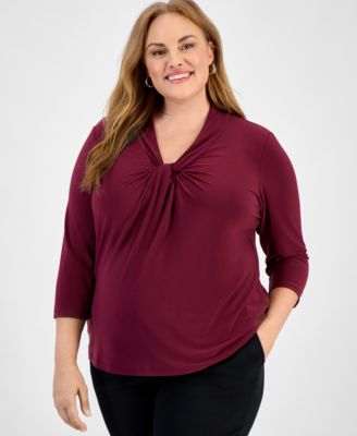 Kasper - Plus Size Twist-Neck 3/4-Sleeve Top