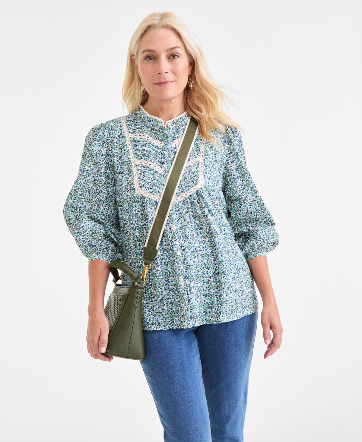Style & Co Petite Cotton Floral-print Lace-trim Blouse, Macy's Exclusive In Green
