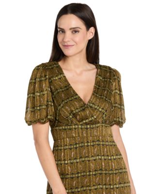 Women's Satin Metallic Stripe Puff-Sleeve Dress