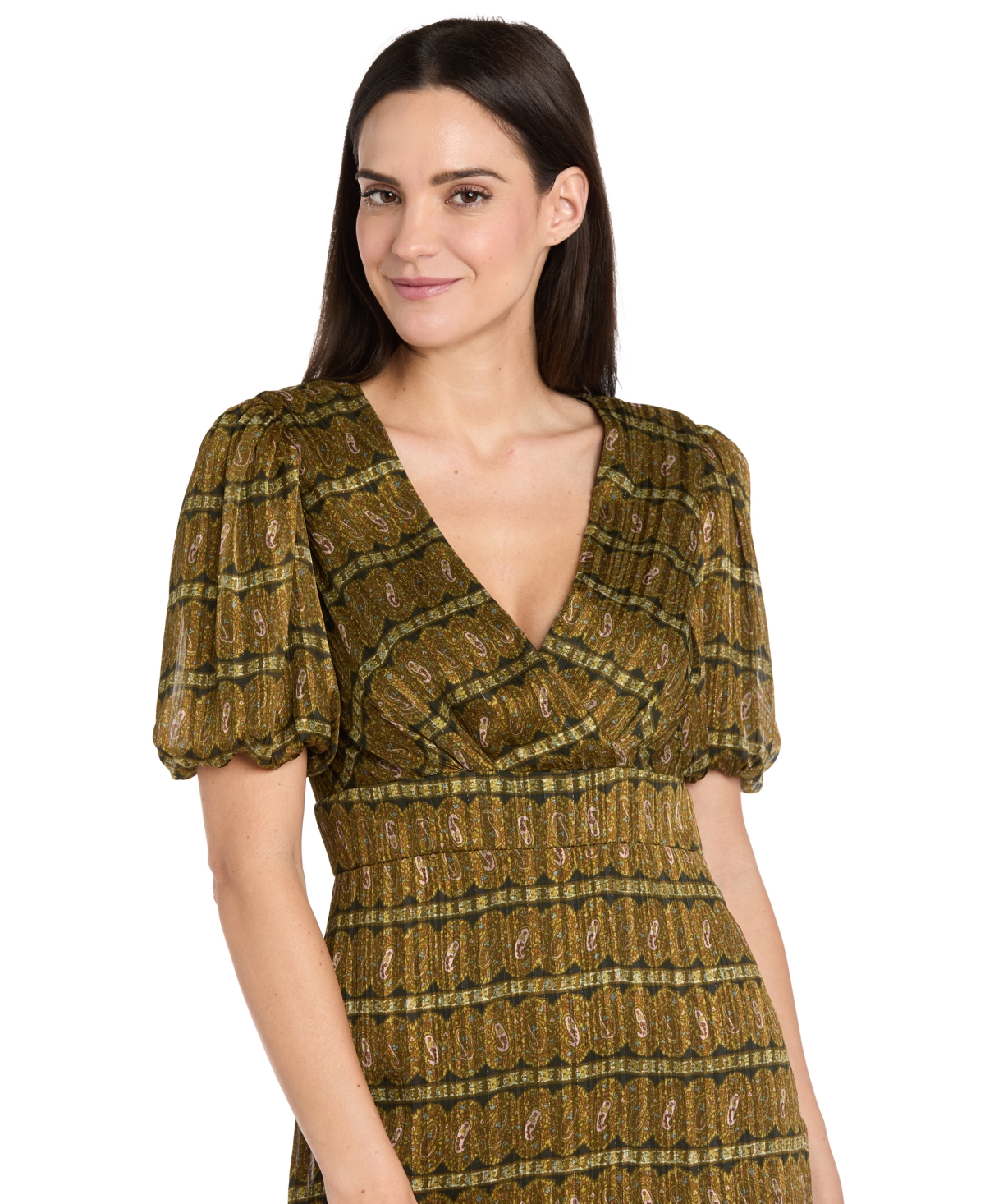 R & M Richards Women's Satin Metallic Stripe Puff-sleeve Dress In Green