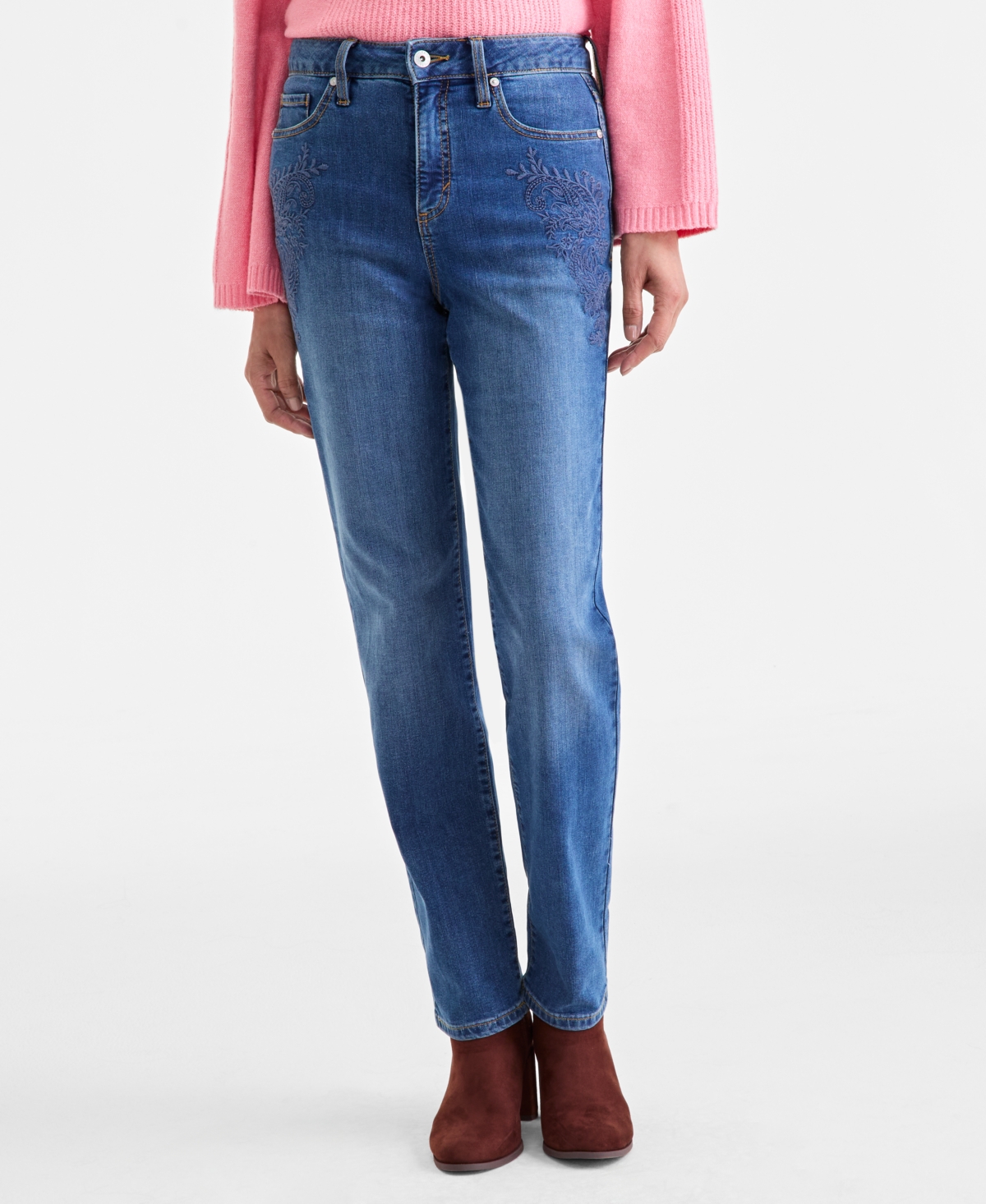 Style & Co Women's Embroidered High-rise Straight Jeans, Macy's Exclusive In Blue