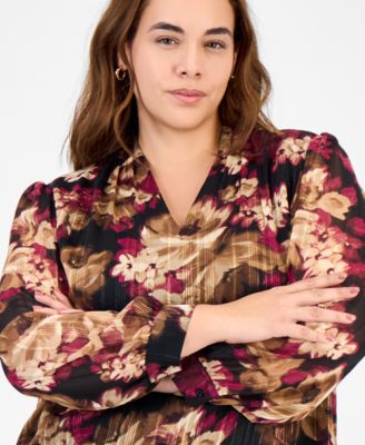 Plus Size Printed Metallic Stripe Long-Sleeve Blouse