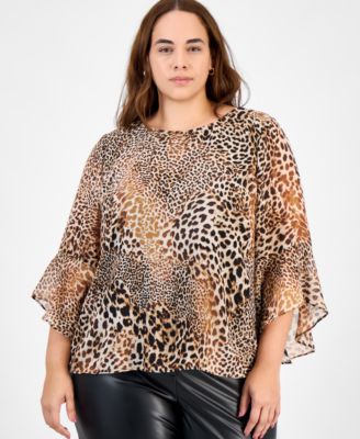 Kasper - Plus Size Animal Print Ruffle-Sleeve Blouse