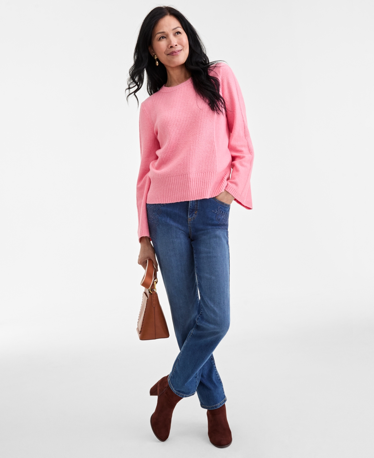 Style & Co Women's Bell-sleeve Boucle Ribbed Sweater, Macy's Exclusive In Pink