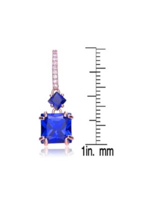 Cubic Zirconia Sterling Silver 18K Rose Plated Blue Square Shape Drop Earrings