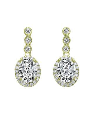Sterling Silver with Clear Oval and Round Cubic Zirconia Halo Drop Earrings in White Gold Plated or 14K Gold Plated