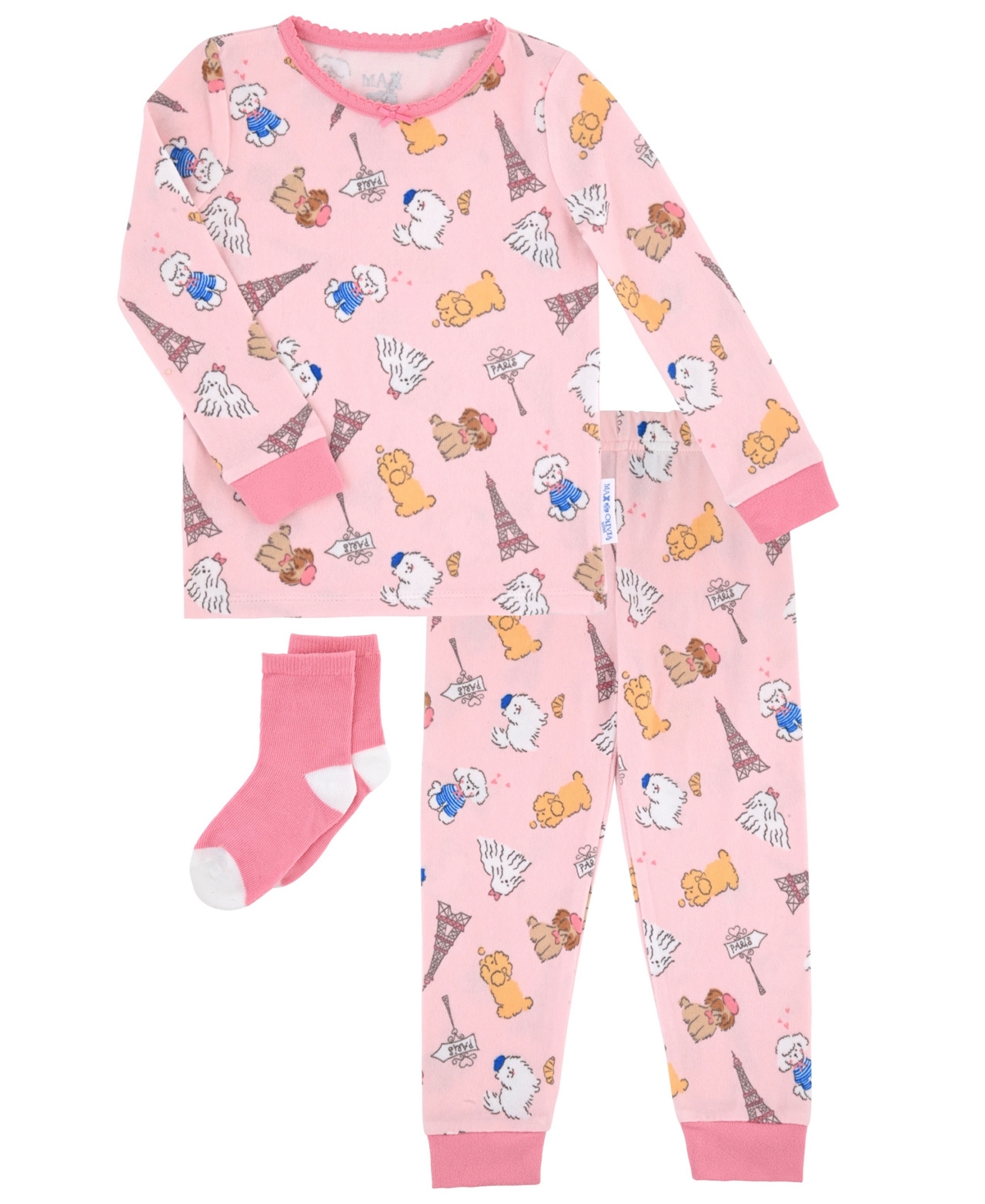 Max & Olivia Baby And Toddler Girls 2-piece Paris Puppies Pajama With Socks Set In Pink